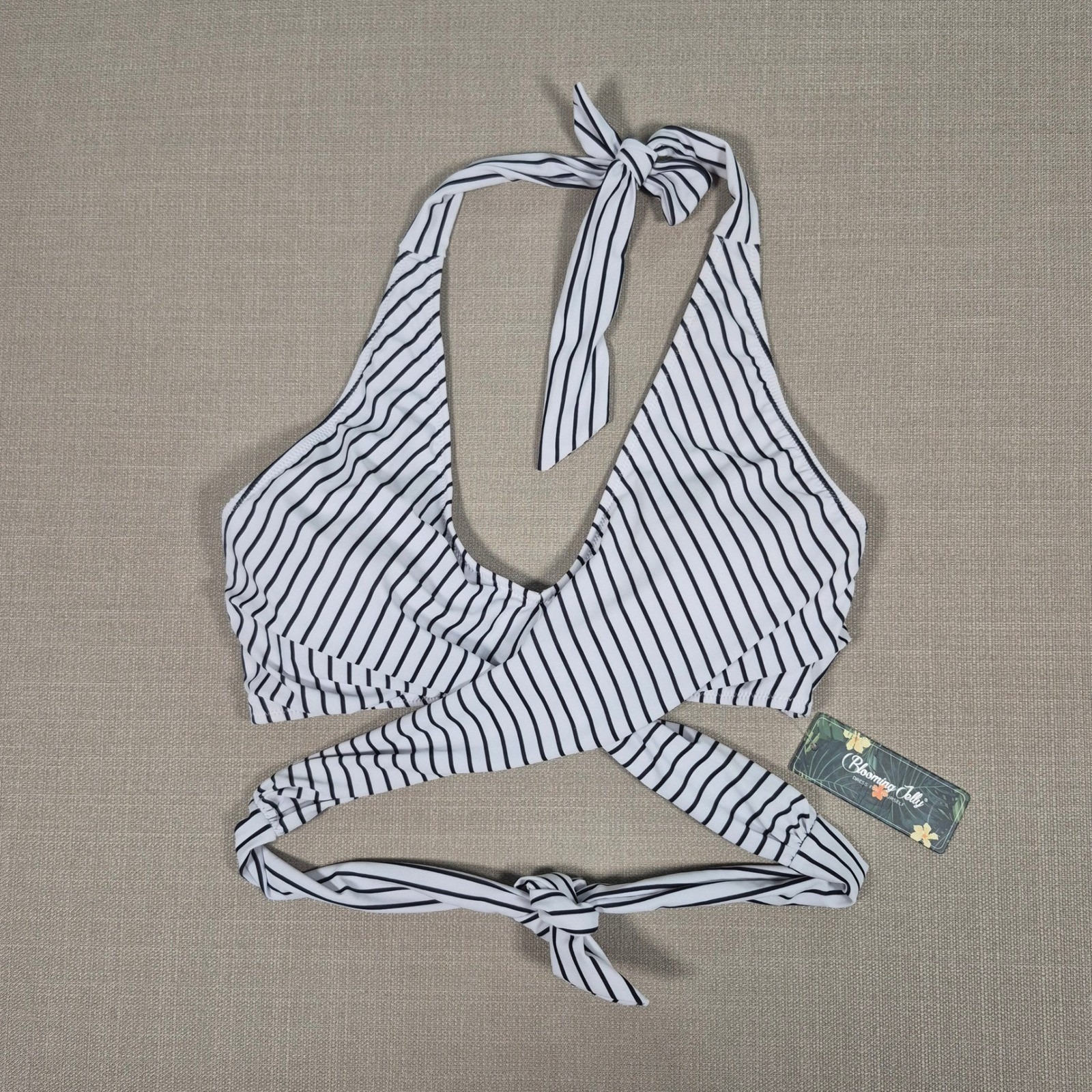 Blooming Jelly Womens Striped Halter Wrap Bikini Top Black White Size L Nwt